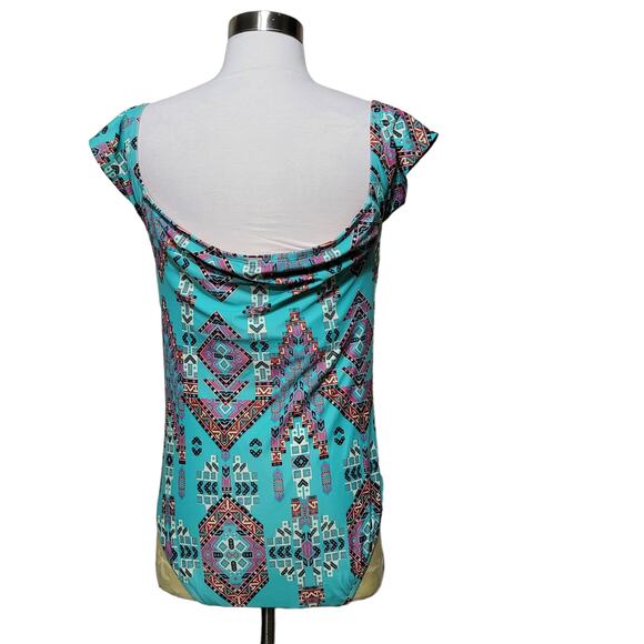 Mae Amazon Green Swimwear Off the Shoulder One Piece Swimsuit Geometric Large - Picture 5 of 10